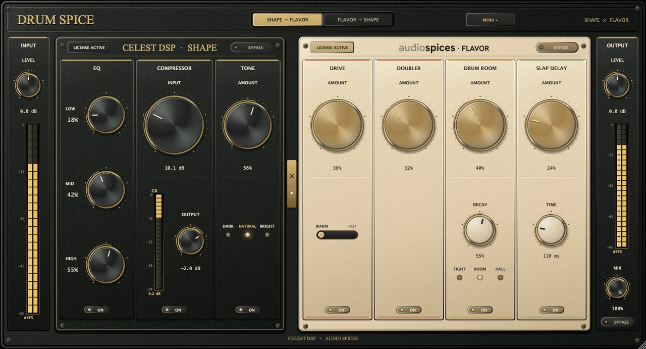 Drum Spice plugin interface with CELEST DSP Shape and Audio Spices Flavor controls
